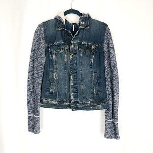 Free People Jacket Womens Medium Blue Gray Hoodie Denim Jean Distressed Button